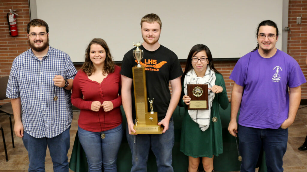 The Lamar High School A-Team won top honors and the traveling trophy. Team members (left to right) include Reece Campbell, Angela Medina, Zach Scriven, Shania Jo RunningRabbit, and Dwight Campbell.