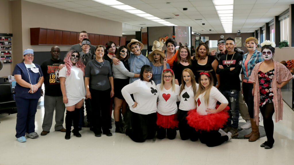 Cosmetology and barbering students dressed up for Halloween