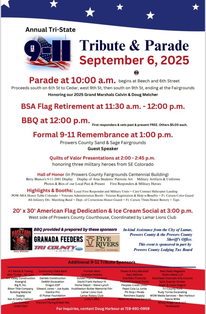 9-11 Tribute and parade flyer. Tribute and Parade will be Sept. 6, 2025. The flyer has stars and stripes.
