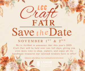Floral background. Reads LCC Craft Fair, save the date. November 1st and 2nd. 